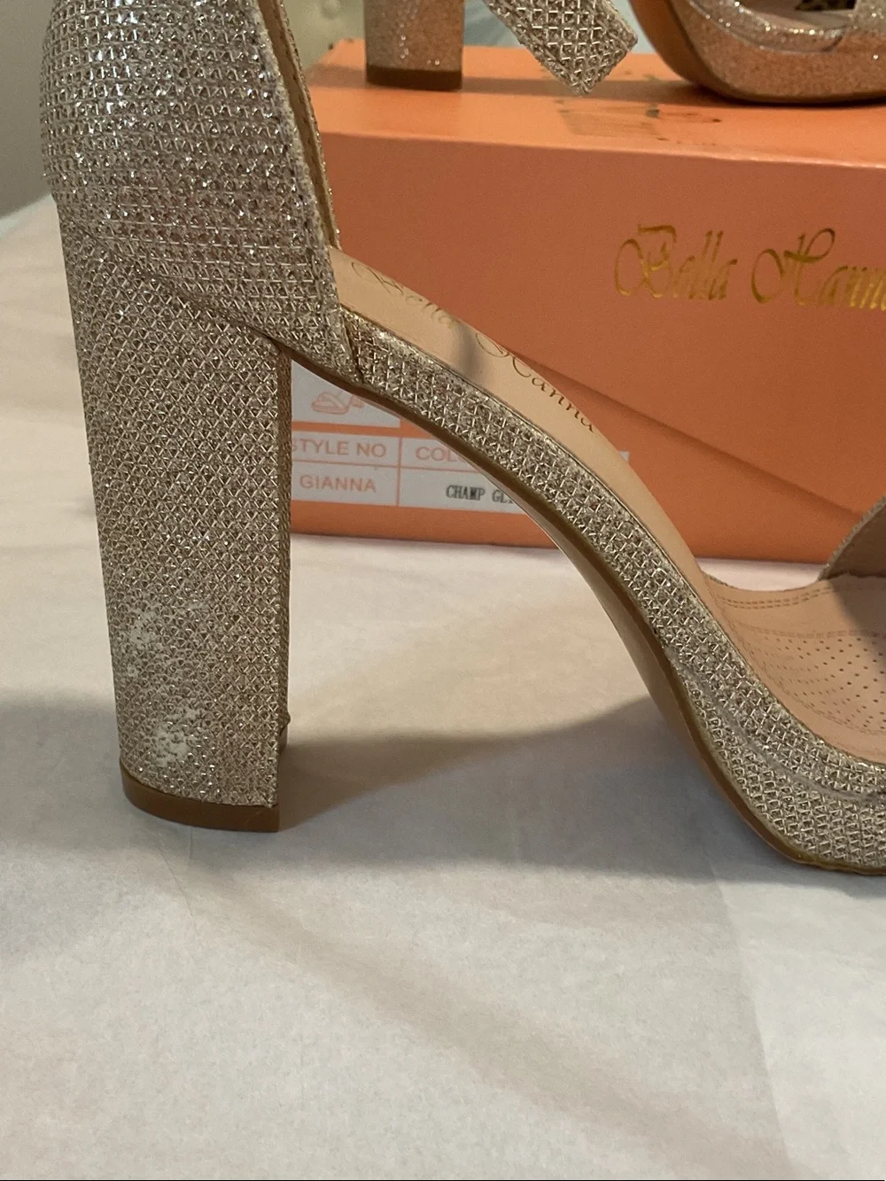 Size 6.5 Grace Glitter Platform Ankle-Strap Heels in Gold